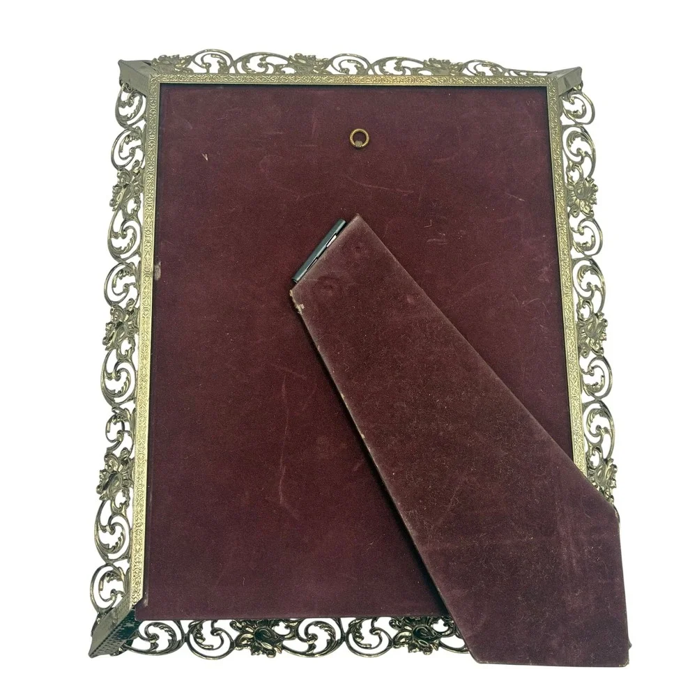 Vintage Gold Filigree Picture Frame Ornate Floral Scrollwork Metal Easel Back